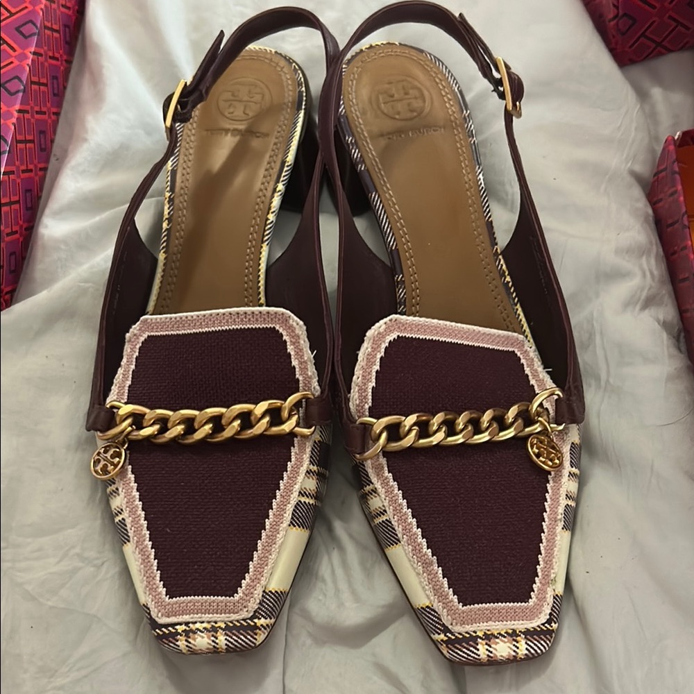 Tory Burch Brown and Gold Flats with Chain Detail